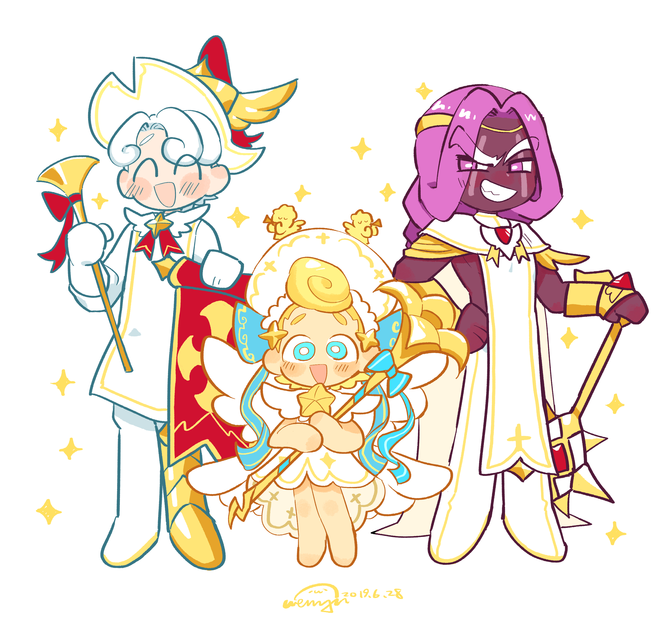 amy7996659, angel cookie, angel cookie (voice of virtue), milk cookie, purple yam cookie, cookie run, cookie run: ovenbreak, absurdres, chinese commentary, commentary request, highres, 1other, 2019, 2boys, :d, ^ ^, armored boots, artist name, asymmetrical footwear, bare arms, bare legs, barefoot, blonde hair, blue bow, blue eyes, boots, bow, bright pupils, brooch, capelet, circlet, closed eyes, curly hair, dated, dreadlocks, dress, elbow gloves, eyes visible through hair, fewer digits, full body, gloves, gold circlet, grin, hair behind ear, hand on own hip, holding, holding instrument, holding weapon, humanization, instrument, jewelry, knee boots, long hair, long sleeves, looking at viewer, milk cookie (herald of victory), mismatched footwear, multiple boys, neck ribbon, official alternate costume, open mouth, pants, pink eyes, pink hair, purple yam cookie (champion of valor), red ribbon, ribbon, short dress, short hair, sidelocks, simple background, sleeveless, sleeveless dress, smile, sparkle, standing, star brooch, v-shaped eyebrows, very short hair, weapon, white background, white boots, white capelet, white dress, white gloves, white hair, white pants, white pupils, yellow boots