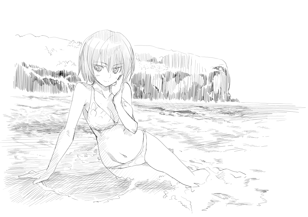 genbou2, tamon ketsuyuki, nanasaki ai, amagami, 1girl, arm support, bikini, female focus, greyscale, lying, monochrome, on side, seductive smile, short hair, sketch, smile, solo, swimsuit, tsurime