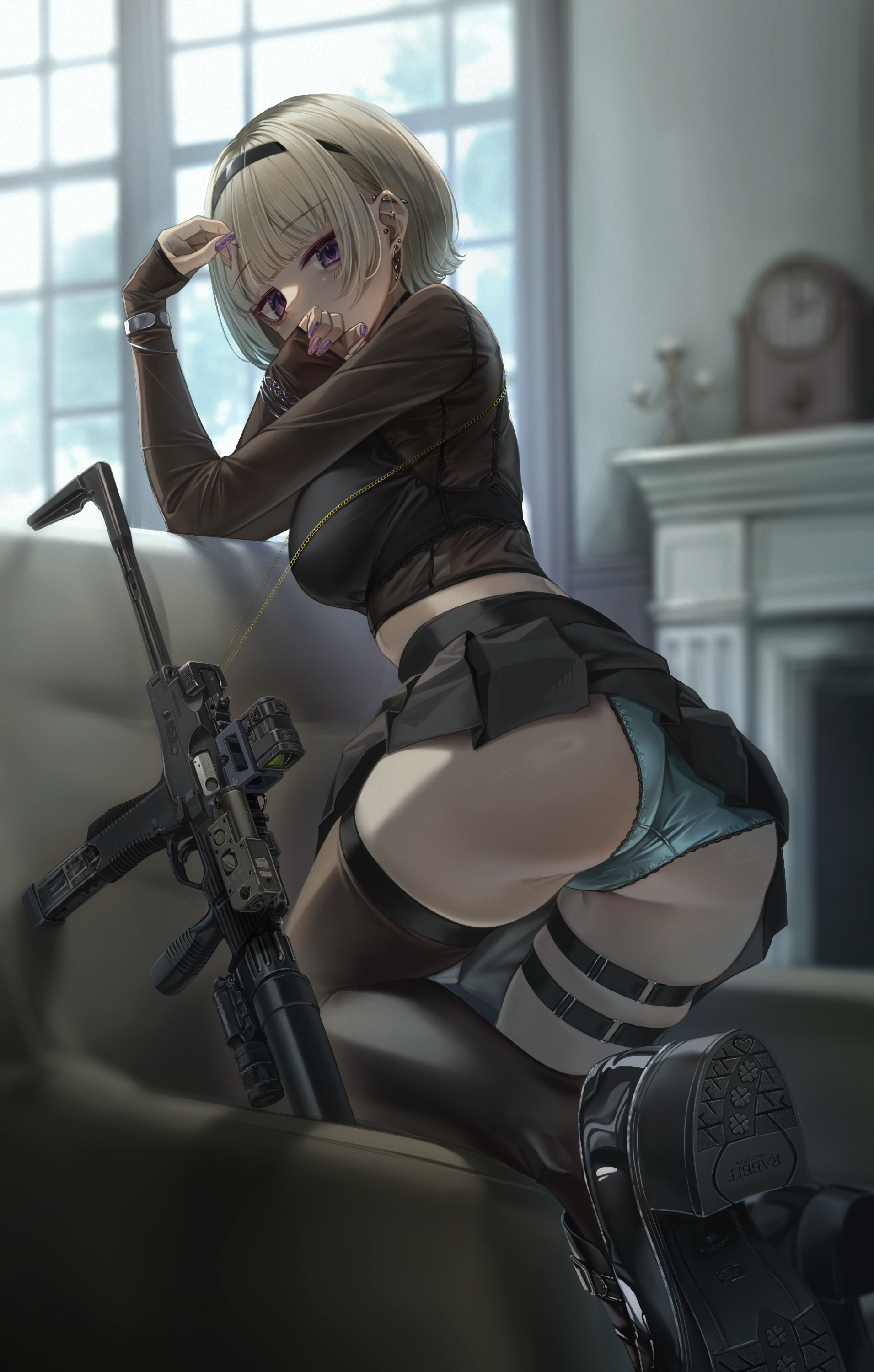 enpera (jdud8375), original, absurdres, commentary, highres, revision, symbol-only commentary, 1girl, b&t mp9, backboob, black bra, black shirt, black thighhighs, blonde hair, blue panties, boots, bra, breasts, couch, cropped shirt, crotch seam, fingernails, from behind, gun, indoors, long fingernails, looking at viewer, medium breasts, medium hair, midriff peek, on couch, panties, purple eyes, purple nails, see-through clothes, see-through shirt, shirt, sideboob, skindentation, solo, submachine gun, thigh strap, thighhighs, underwear, weapon