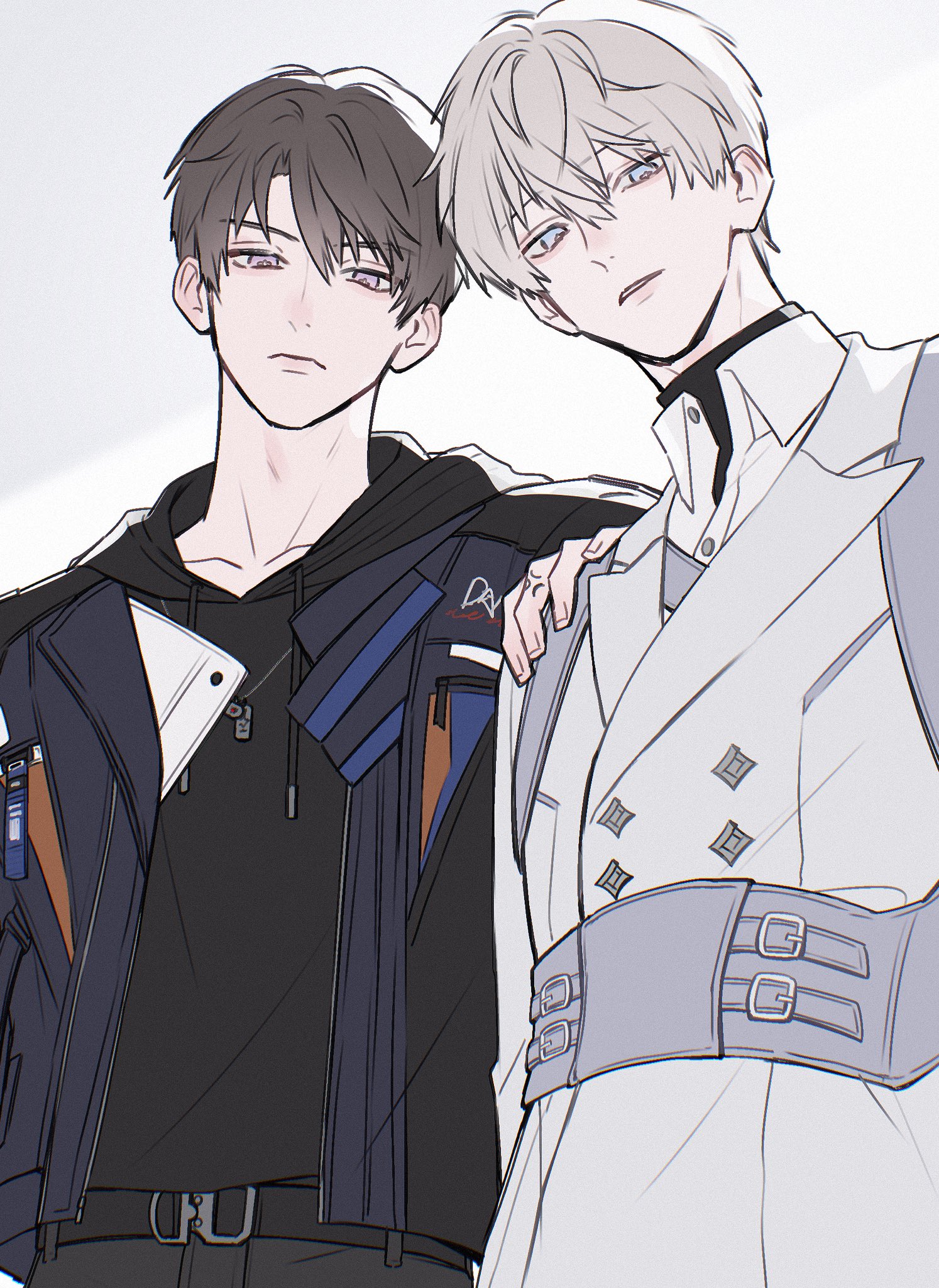 caleb (love and deepspace), xavier (love and deepspace), love and deepspace, highres, 2boys, black hair, black hoodie, black pantyhose, black shirt, blue eyes, collared shirt, dog tags, grey hair, hand on another's shoulder, hood, hood down, hoodie, jacket, light frown, looking at viewer, male focus, multiple boys, pantyhose, parted lips, purple eyes, shirt, shirt under shirt, turtleneck, upper body, white background, white jacket, white shirt, yoke mokmok