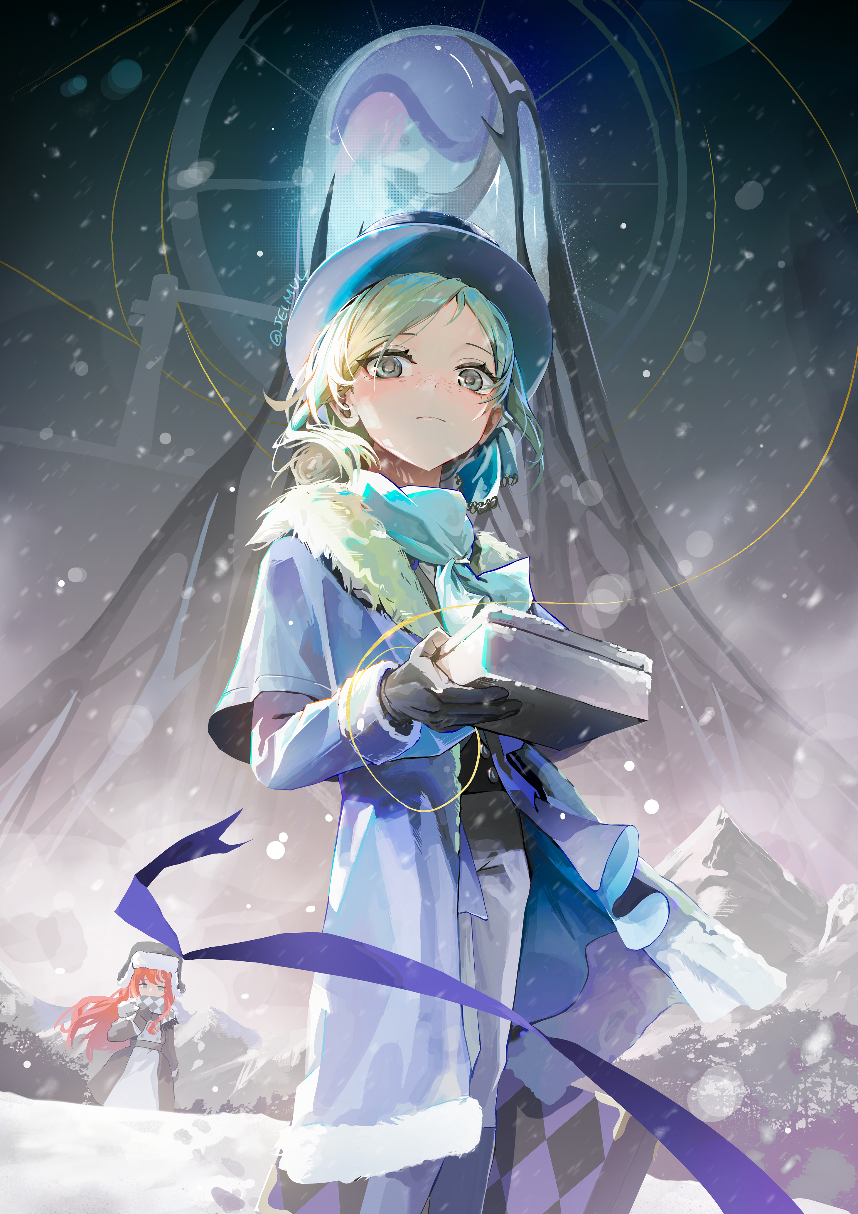 jelmul, sonetto (reverse:1999), sonetto (winter) (reverse:1999), vertin (reverse:1999), vertin (winter) (reverse:1999), reverse:1999, absurdres, highres, 2girls, black gloves, blue bow, blue coat, blue hat, blue scarf, boater hat, bow, box, brown coat, brown gloves, brown hat, checkered clothes, checkered scarf, coat, cowboy shot, fur-trimmed coat, fur trim, gloves, grey eyes, grey hair, grey pants, grey sky, hair bun, hat, hat bow, holding, holding box, looking at viewer, mountain, multiple girls, official alternate costume, orange hair, pants, scarf, short hair, single side bun, sky, snow, snowing, solo focus, string, suitcase, twitter username, ushanka