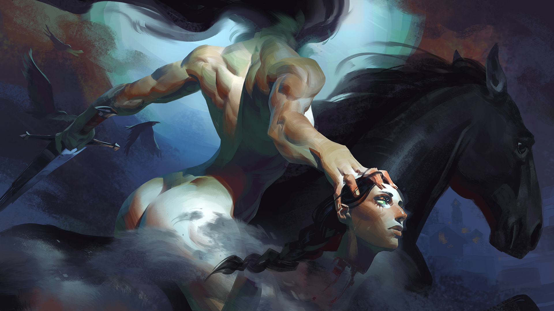 jeremy anninos, original, highres, 1girl, animal, ass, back muscles, bird, black hair, black horse, blood, blood from neck, braid, cheekbones, closed mouth, completely nude, cowboy shot, crow, deltoids, disembodied head, dullahan, eyelashes, facing away, fingernails, fog, green eyes, holding, holding detached head, horse, horseback riding, lips, long hair, looking ahead, median furrow, moonlight, muscular, muscular female, night, nose, nude, outdoors, outstretched arms, painterly, riding, single braid, smoke from head, spread arms, sword, trapezius, weapon