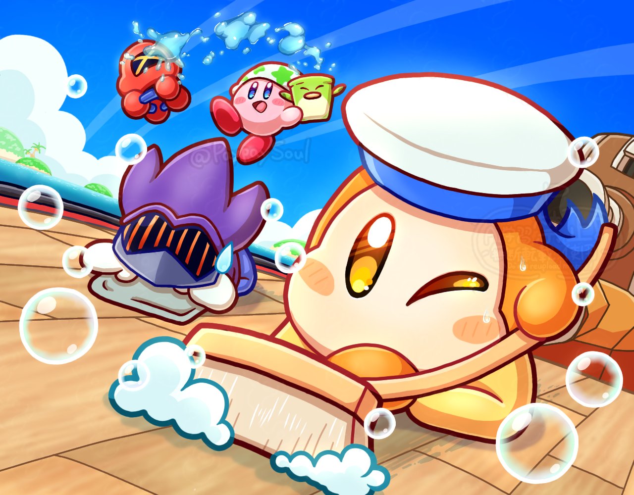 paypaysoul, cleaning kirby, halberd (airship), javelin knight, kirby, mace knight, pitch (kirby), sailor waddle dee, kirby (series), nintendo, commentary, armor, artist name, bandana, blue sky, bucket, cannon, cleaning, cleaning rag, cloud, dutch angle, floating, hat, holding, holding bucket, holding mop, island, mop, no humans, ocean, one eye closed, open mouth, sailor hat, sky, smile, soap, soap bubbles, standing, twitter username, water, yellow eyes