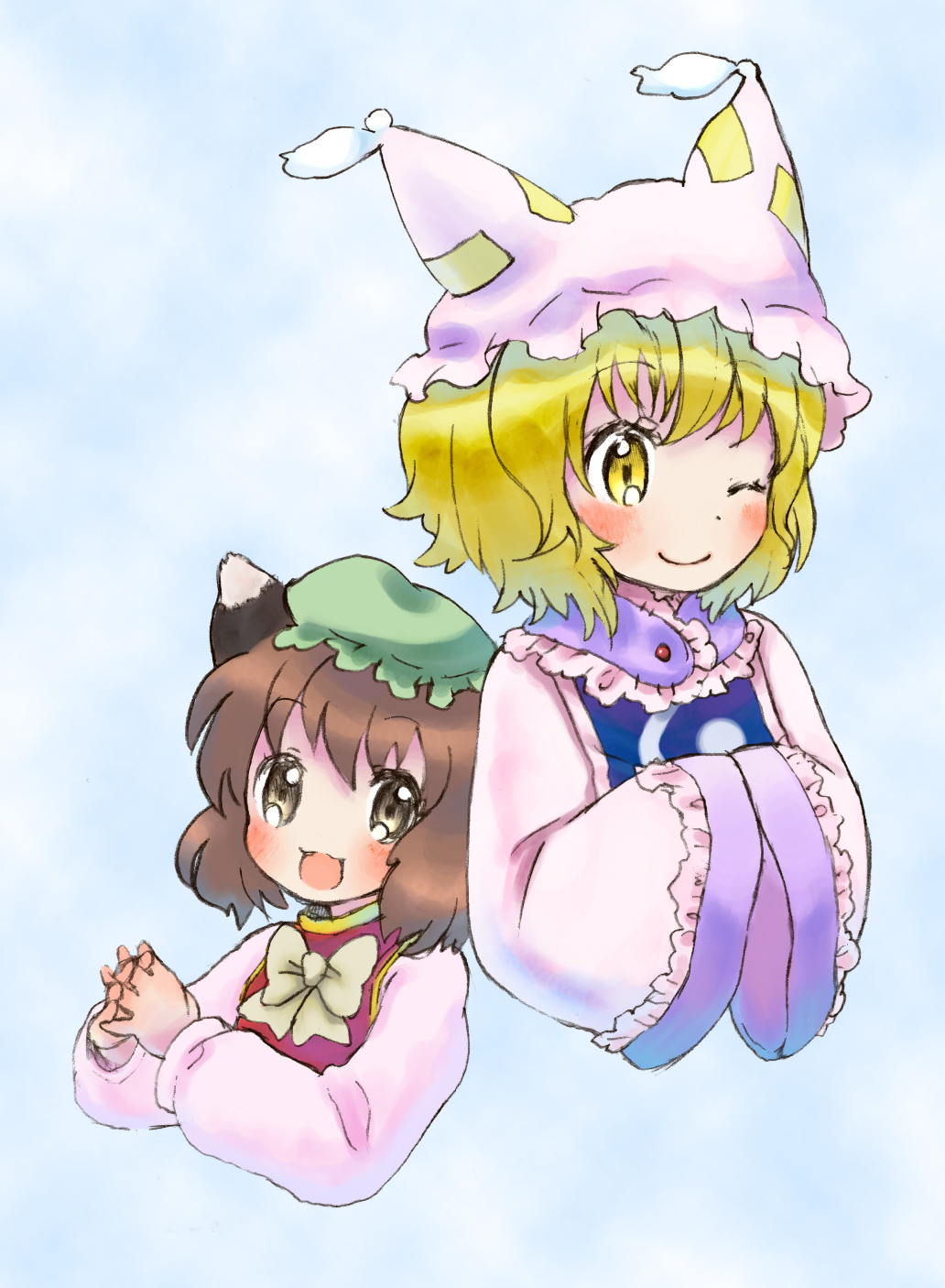 rias-shiki kawaii, chen, yakumo ran, touhou, fingers together, bad id, bad pixiv id, highres, 2girls, :3, animal ears, animal hat, blonde hair, blush, brown eyes, brown hair, female focus, hands in opposite sleeves, happy, hat, interlocked fingers, long sleeves, mob cap, multiple girls, one eye closed, short hair, smile, tassel, wide sleeves, wink, yellow eyes