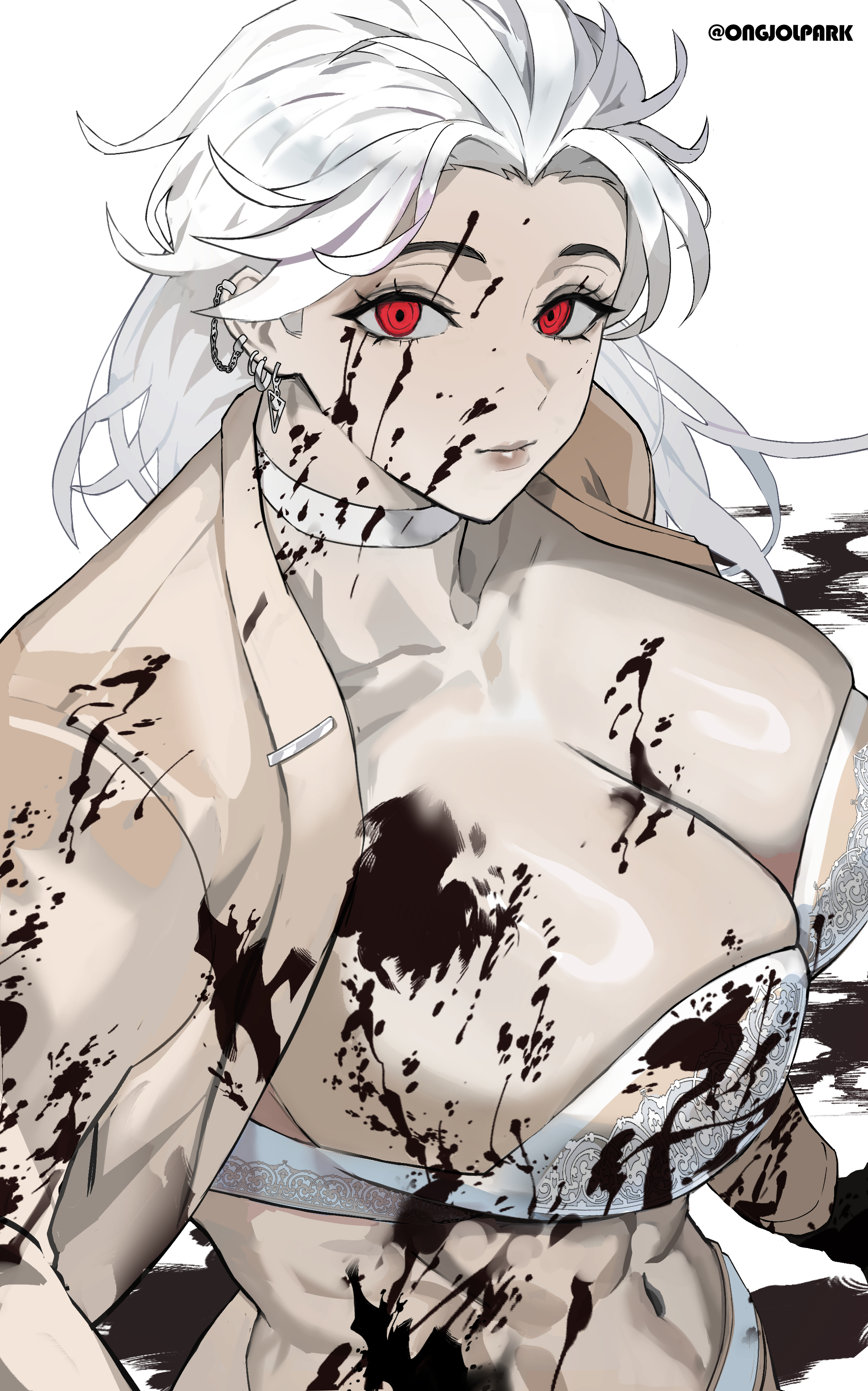 park ongjol, noi (dorohedoro), dorohedoro, absurdres, highres, 1girl, abs, blood, breasts, ear piercing, earrings, jewelry, large breasts, long hair, muscular, muscular female, piercing, red eyes, simple background, solo, underwear, white hair