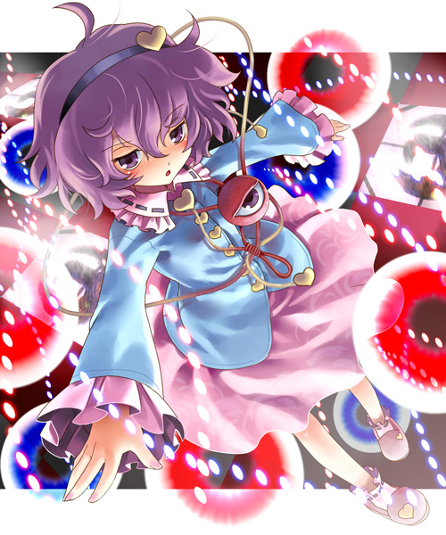 katahira masashi, komeiji satori, touhou, 1girl, blush, danmaku, female focus, full body, purple eyes, purple hair, short hair, skirt, slippers, socks, solo