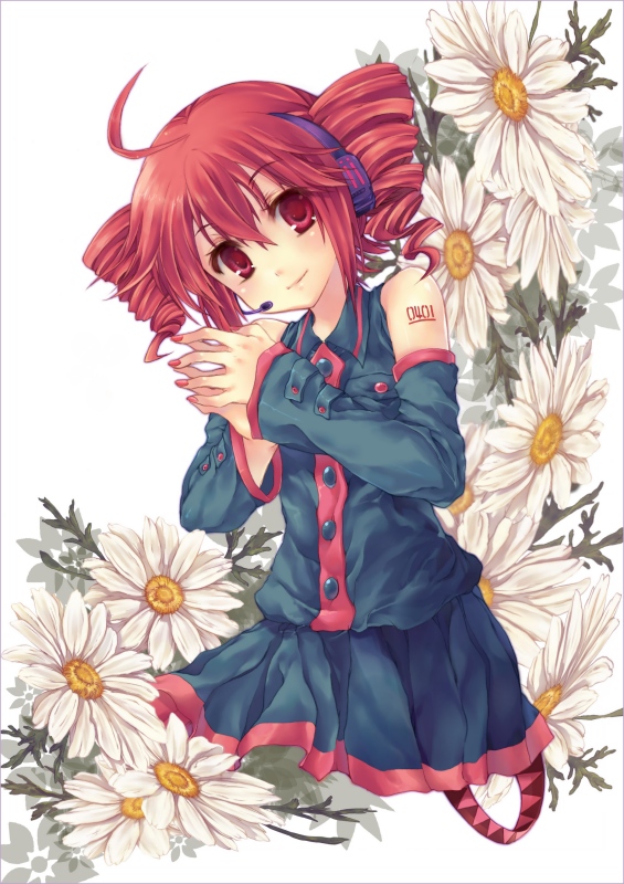 kaede (peach can-dy), kaede (pixiv200805), kasane teto, kasane teto (utau), utau, vocaloid, 1girl, ahoge, detached sleeves, drill hair, female focus, flower, headphones, headset, microphone, red eyes, red hair, skirt, smile, solo, twin drills, twintails