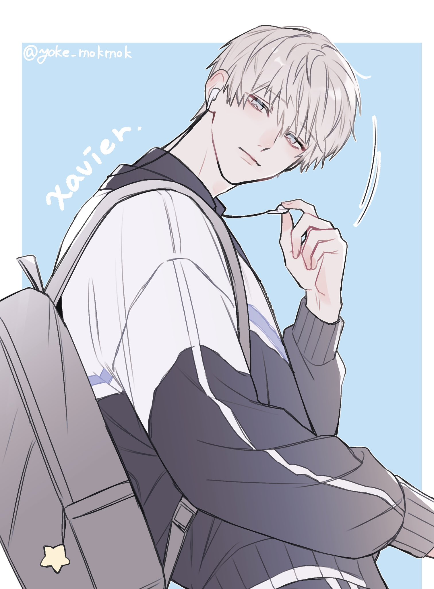 xavier (love and deepspace), love and deepspace, highres, 1boy, backpack, bag, blue background, border, character name, closed mouth, earphones, grey bag, grey hair, hair between eyes, holding, holding earphones, jacket, looking at viewer, male focus, short hair, solo, twitter username, upper body, white border, yoke mokmok