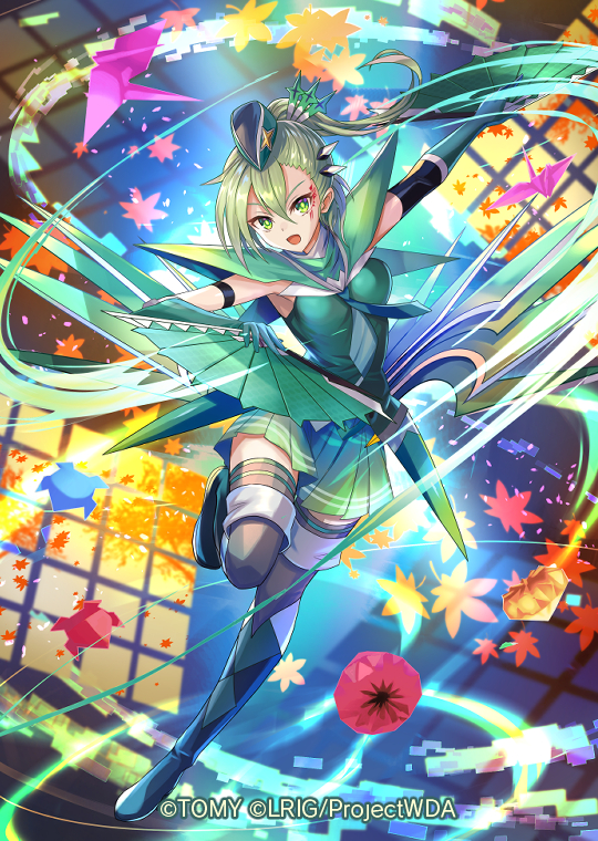 hokuyuu, wixoss, official art, 1girl, arm strap, black thighhighs, elbow gloves, gloves, green eyes, green gloves, green hair, green shirt, green skirt, hand fan, holding, holding fan, long hair, looking at viewer, open mouth, ponytail, sanga (wixoss), shirt, skirt, solo, thighhighs, very long hair