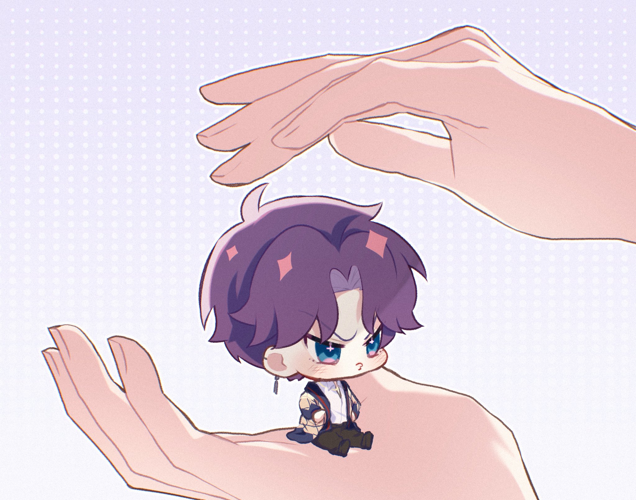 protagonist (love and deepspace), rafayel (love and deepspace), love and deepspace, highres, 1boy, 1girl, black pants, black shoes, blue eyes, blush, cardigan, chibi, collared shirt, earrings, furrowed brow, in palm, jewelry, male focus, open cardigan, open clothes, pants, parted bangs, purple hair, shirt, shoes, short hair, single earring, sitting, white shirt, yoke mokmok