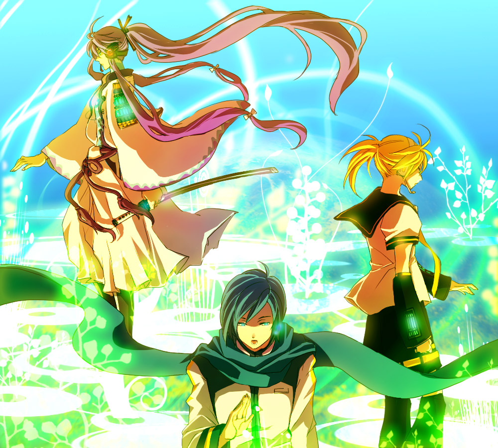 unibouzu, uya, kagamine len, kaito (vocaloid), kamui gakupo, vocaloid, 3boys, aqua eyes, blonde hair, blue hair, detached sleeves, headphones, long hair, male focus, microphone, multiple boys, ponytail, purple hair, scarf, shorts, sword, weapon