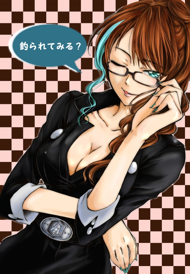 yuusuke (uj15yaku), hikari natsumi, kamen rider decade, kamen rider den-o, urataros, uratarosu, kamen rider, kamen rider dcd, kamen rider den-o (series), 1girl, adjusting eyewear, alternate costume, blue hair, breasts, brown hair, cleavage, female focus, glasses, multicolored hair, nail polish, one eye closed, possessed, possession, solo, tongue, wink