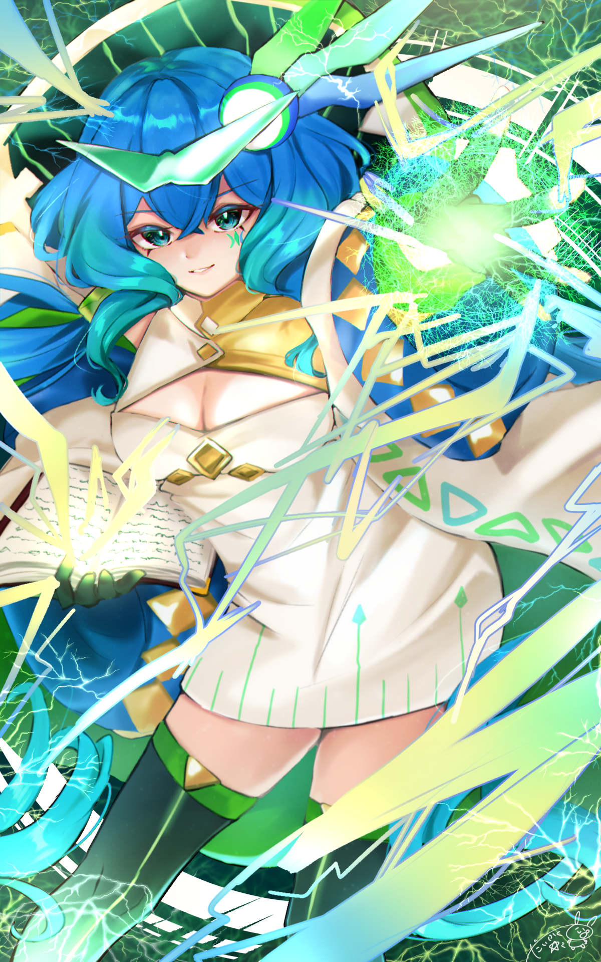 hrsimrak, piruluk, wixoss, highres, 1girl, black thighhighs, blue eyes, blue hair, book, breasts, cleavage, cleavage cutout, closed mouth, clothing cutout, dress, holding, holding book, long hair, medium breasts, open book, smile, solo, thighhighs, white dress