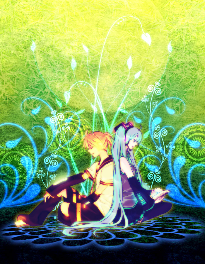unibouzu, uya, hatsune miku, kagamine len, vocaloid, 1boy, 1girl, aqua hair, back-to-back, blonde hair, book, closed eyes, detached sleeves, long hair, necktie, ponytail, sitting, thighhighs, twintails, very long hair