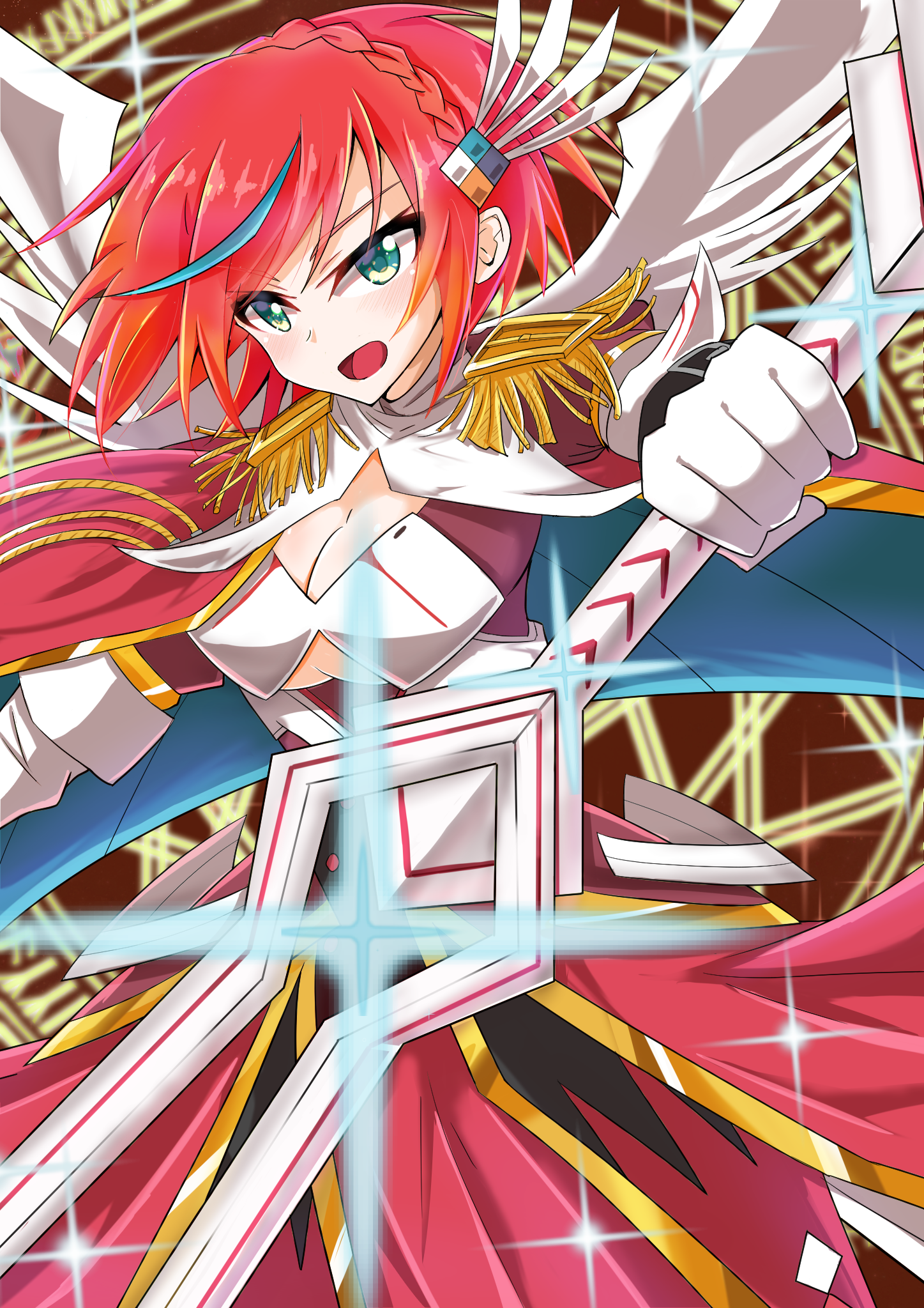 bakuma, ril (wixoss), wixoss, highres, 1girl, blonde hair, blue hair, dress, elbow gloves, gloves, holding, holding sword, holding weapon, looking at viewer, medium hair, multicolored hair, open mouth, red dress, red hair, streaked hair, sword, weapon, white gloves