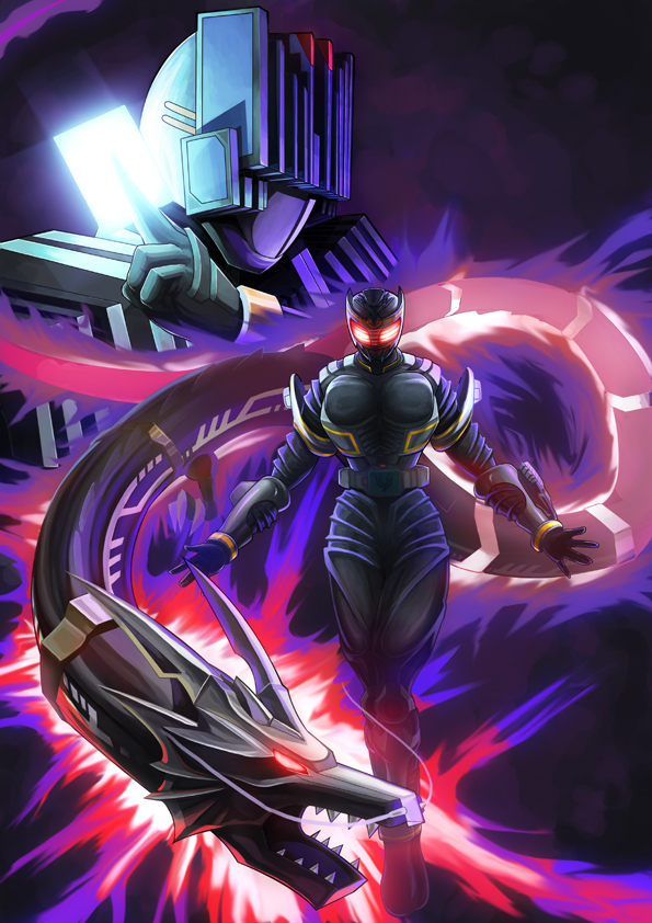 hokuto (hokuto pk), dragblacker, kamen rider decade, kamen rider diend, kamen rider ryuga, kamen rider ryuki, kamen rider, kamen rider dcd, kamen rider ryuki (series), 2boys, belt, card, dragon, holding, holding card, multiple boys