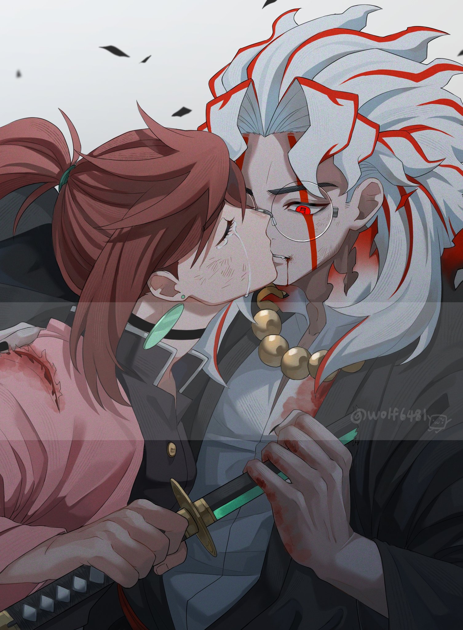 wolf6481, ayase momo, takakura ken (dandadan), takakura ken (transformed) (dandadan), dandadan, kimetsu no yaiba, highres, 1boy, 1girl, bead necklace, beads, black choker, black jacket, black nails, blood, blood from mouth, blood on hands, brown hair, choker, collared shirt, couple, crossed bangs, crossover, crying, demon slayer uniform, dirty, dirty face, facial mark, fang, glasses, gold buttons, hair between eyes, hair tie, hand on blade, haori, hetero, holding, holding sword, holding weapon, jacket, japanese clothes, jewelry, katana, kiss, long hair, medium hair, multicolored hair, nail polish, necklace, parted bangs, parted lips, pink haori, ponytail, red eyes, red hair, round eyewear, shirt, stab, streaked hair, sword, tears, twitter username, upper body, weapon, white hair, white shirt