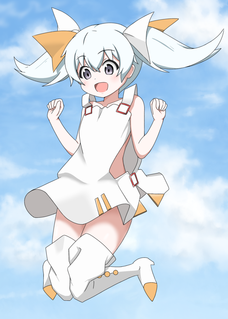 vierka (ghifar201), tama (wixoss), wixoss, highres, 1girl, blue sky, boots, bow, cloud, dress, grey eyes, hair bow, high heel boots, high heels, jumping, looking at viewer, medium hair, open mouth, outdoors, sky, smile, solo, twintails, white boots, white bow, white dress, white hair, yellow bow