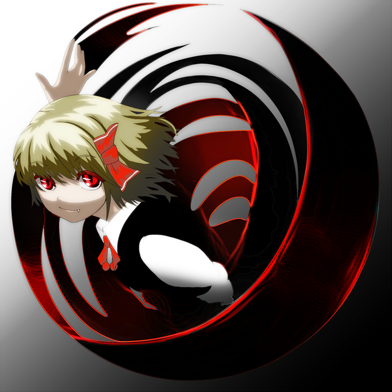 arugeri, rumia, black magic, embodiment of scarlet devil, touhou, 1girl, blonde hair, bow, colored eyelashes, darkness, eyelashes, fang, female focus, grey background, hair bow, hair ribbon, red eyes, ribbon, short hair, solo