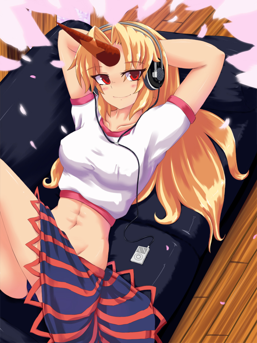 kosmosshuffle, hoshiguma yuugi, touhou, bad id, bad pixiv id, 1girl, blonde hair, digital media player, female focus, headphones, horns, ipod, ipod nano, ipod nano 1g, long hair, midriff, navel, red eyes, single horn, solo