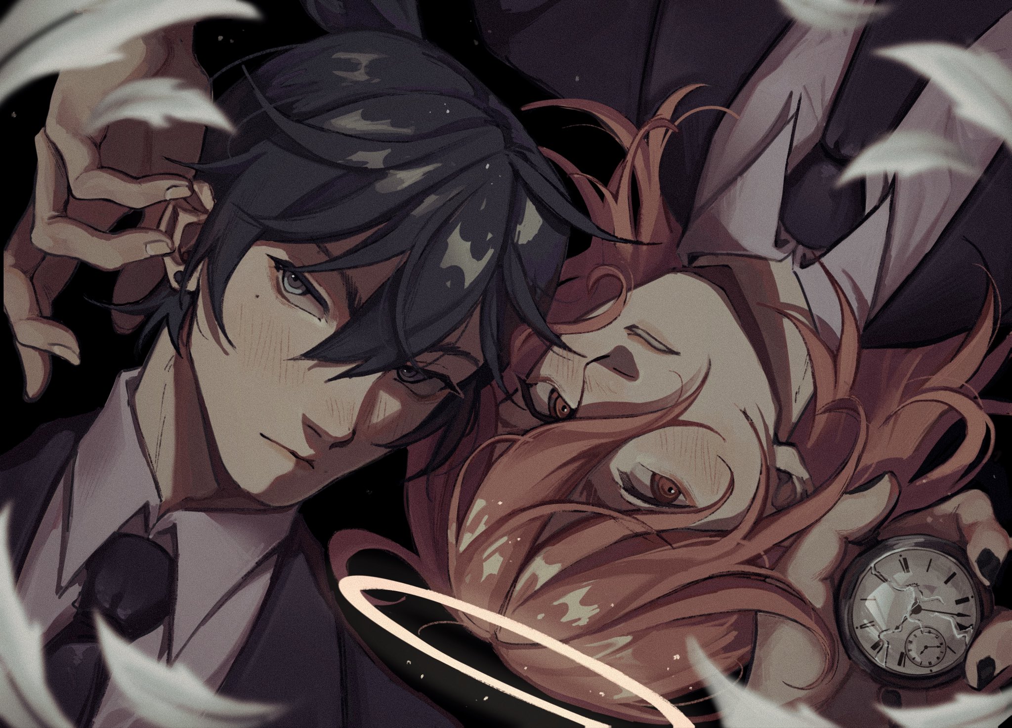 rosieyart, angel devil (chainsaw man), hayakawa aki, chainsaw man, alt text, commentary, english commentary, highres, 2boys, :|, androgynous, black hair, black jacket, black nails, black necktie, closed mouth, collared shirt, ear piercing, feathers, hair between eyes, halo, holding, holding pocket watch, jacket, looking at viewer, male focus, medium hair, mole, mole under eye, multiple boys, necktie, orange eyes, orange hair, parted lips, piercing, pocket watch, rotational symmetry, shirt, topknot, watch, white feathers, white shirt