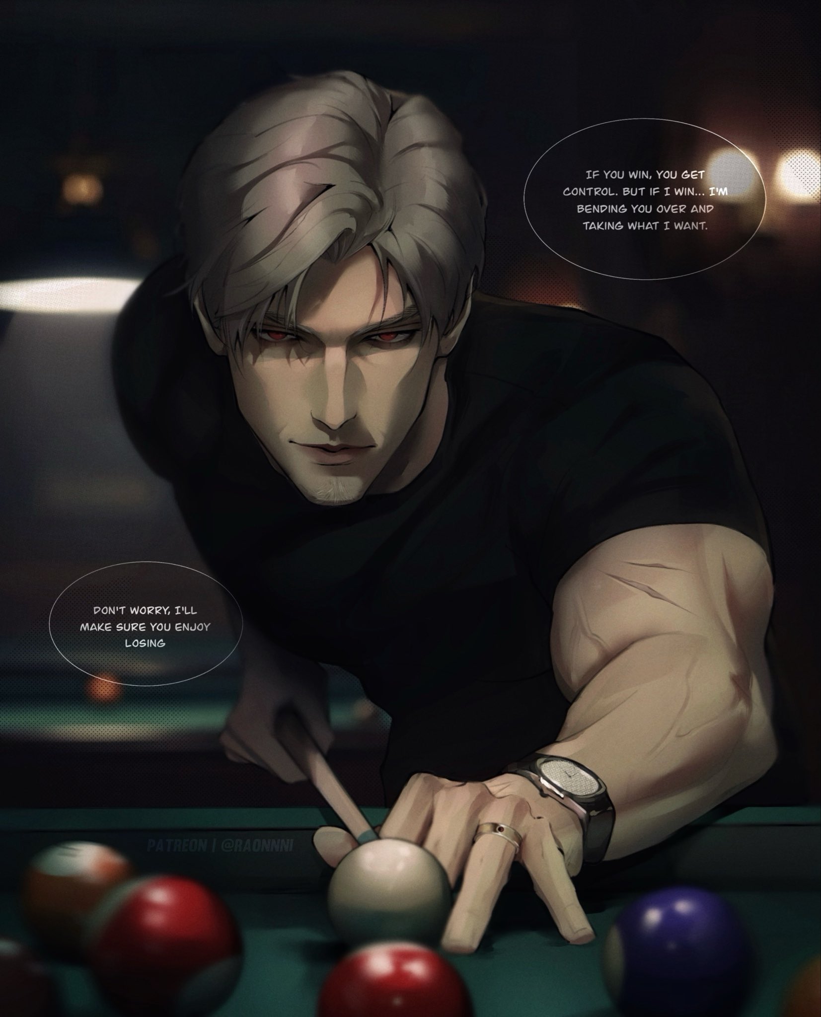 sylus (love and deepspace), love and deepspace, highres, 1boy, ball, billiard ball, black shirt, blurry, blurry background, cue stick, english text, grey hair, indoors, jewelry, leaning forward, looking at viewer, male focus, parted bangs, pool table, raonnni, red eyes, ring, scar, scar on arm, shirt, short hair, solo, table, upper body, watch, wristwatch