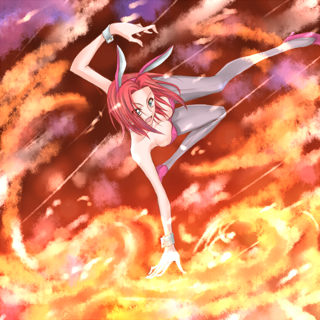 suzuki shia, kouzuki kallen, code geass, 00s, animal ears, fake animal ears, green eyes, high heels, pantyhose, playboy bunny, rabbit ears, red hair, shoes, solo