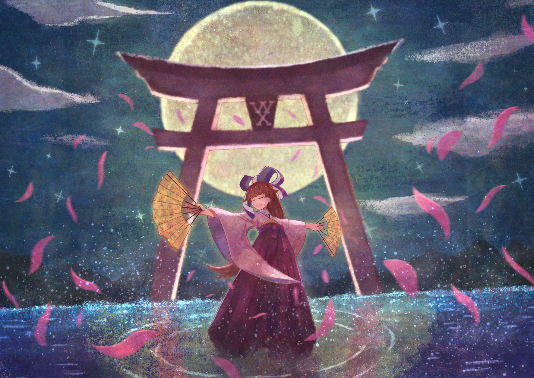 fujino 123, anne (wixoss), selector wixoss, wixoss, highres, 1girl, brown hair, cherry blossoms, closed eyes, closed mouth, dual wielding, full moon, hakama, hand fan, holding, holding fan, japanese clothes, long hair, moon, night, night sky, ponytail, red hakama, shirt, sky, smile, solo, water, white shirt