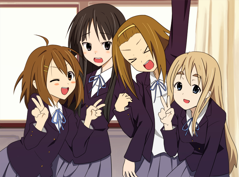 hato (hatoya), akiyama mio, hirasawa yui, kotobuki tsumugi, tainaka ritsu, k-on!, > <, 00s, 4girls, black eyes, black hair, blonde hair, blue eyes, brown eyes, brown hair, closed eyes, ho-kago tea time, long hair, multiple girls, one eye closed, school uniform, short hair, tomboy, v, wink