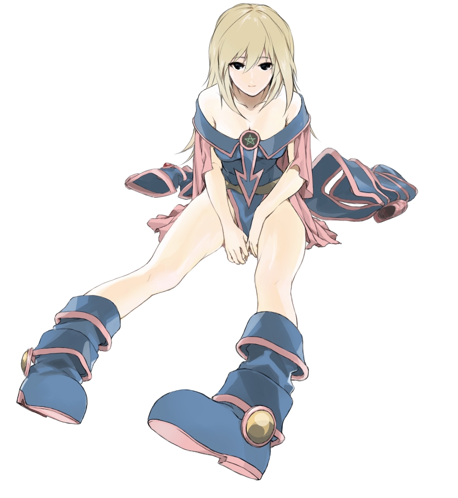 shiichikin, dark magician girl, yu-gi-oh!, yu-gi-oh! duel monsters, bad id, bad pixiv id, 1girl, bare shoulders, blonde hair, blue boots, boots, breasts, cleavage, duel monster, legs, leotard, long hair, pentacle, sitting