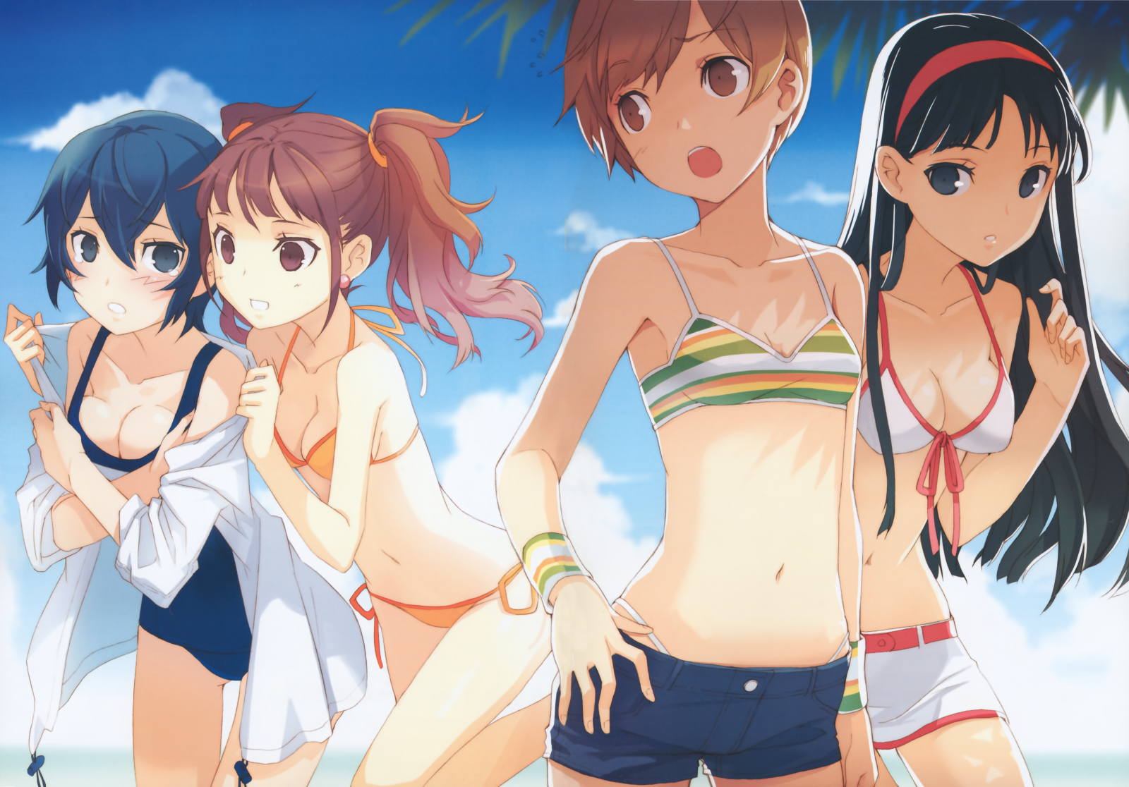 h2so4, amagi yukiko, kujikawa rise, satonaka chie, shirogane naoto, atlus, persona, persona 4, highres, third-party edit, 4girls, bikini, black eyes, black hair, blue eyes, blue hair, breasts, brown eyes, brown hair, cleavage, collarbone, day, denim, denim shorts, earrings, flat chest, hairband, jewelry, medium breasts, midriff, multiple girls, official alternate costume, one-piece swimsuit, school swimsuit, short hair, short shorts, shorts, side-tie bikini bottom, sky, small breasts, swimsuit, tomboy