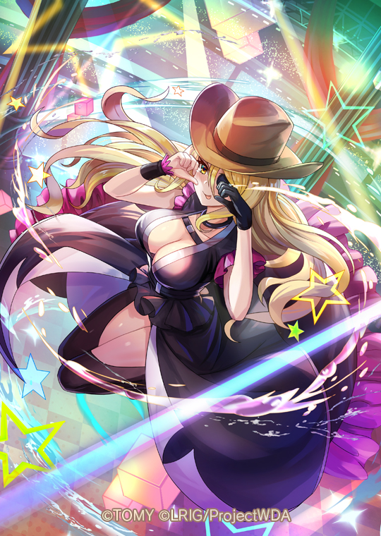 hokuyuu, wixoss, 1girl, black chaps, black choker, black gloves, black jacket, breasts, brown hat, choker, cleavage, closed mouth, cowboy hat, gloves, hat, jacket, large breasts, long hair, looking at viewer, single glove, solo, tongue, tongue out, yukayuka booboo