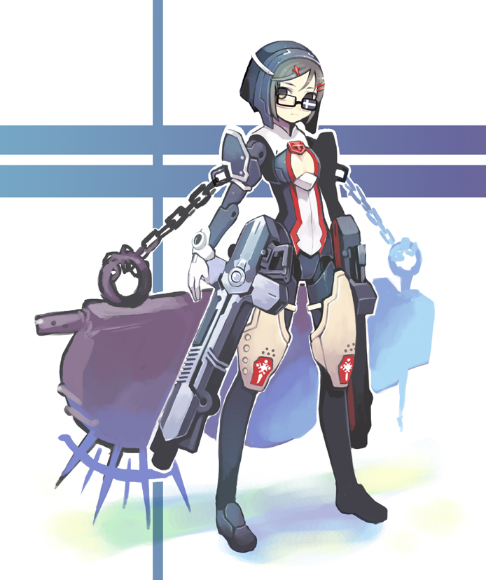 shigehiro (hiroi heya), grave (gungrave), harmony grace, busou shinki, gungrave, 1girl, armor, female focus, glasses, hair ornament, hairclip, mecha musume, parody, short hair, solo, weapon