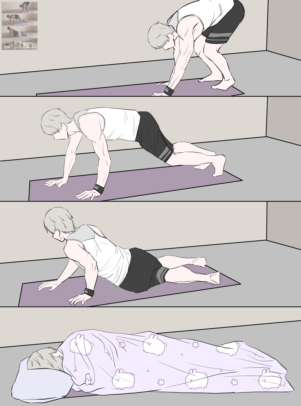 xavier (love and deepspace), love and deepspace, highres, 1boy, animal print, bare shoulders, barefoot, black shorts, exercising, full body, grey hair, male focus, momong0001, muscular, muscular male, pillow, push-ups, rabbit print, reference inset, sequential, short hair, shorts, sleeping, solo, tank top, under covers, white tank top