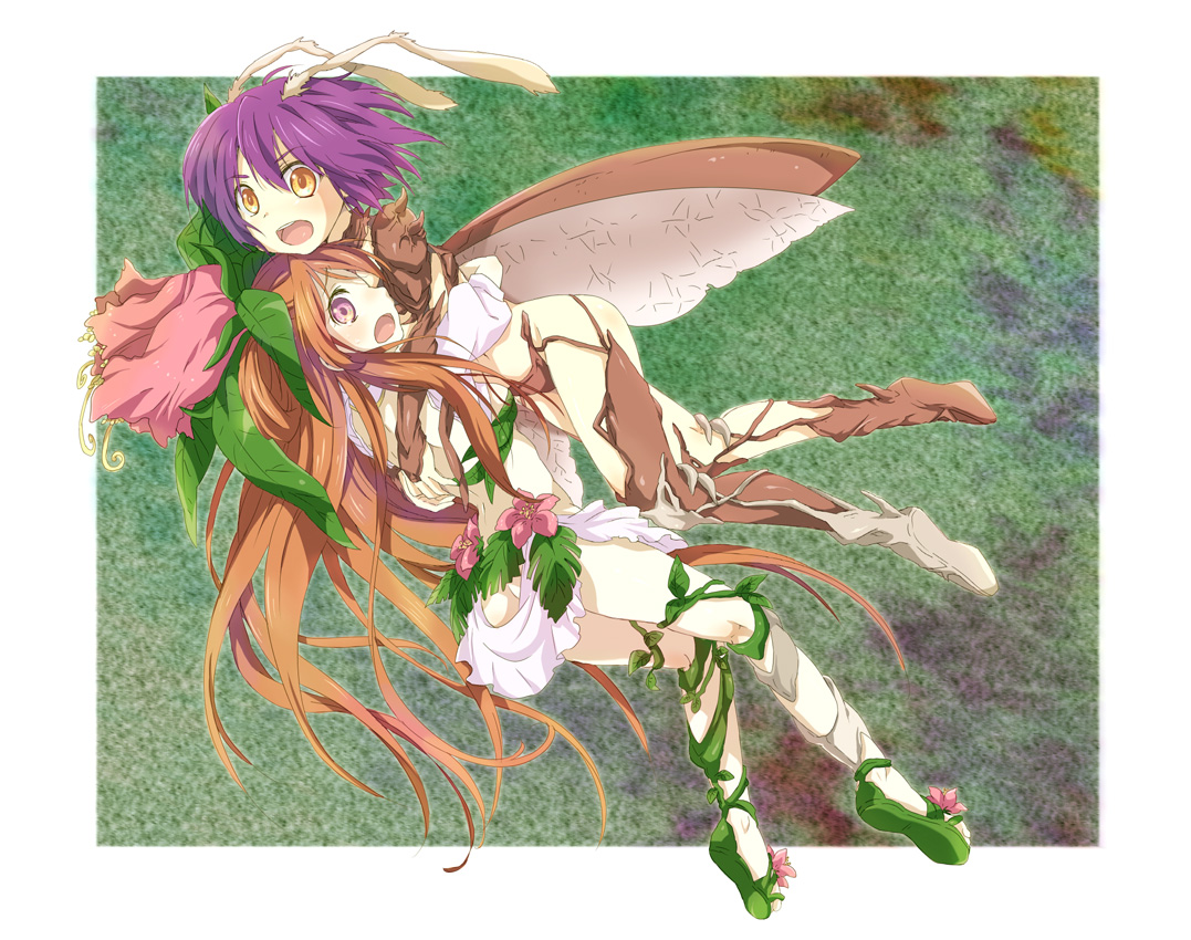 kona, kona (canaria), original, bad id, bad pixiv id, 1girl, antennae, arthropod girl, blush, brown hair, carrying, female focus, flower, flying, long hair, monster girl, plant, plant girl, purple hair, scared, short hair, solo, thighhighs, wings