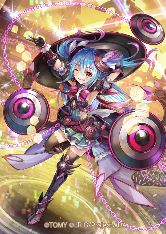 hokuyuu, wixoss, official art, 1girl, black dress, black gloves, black shoes, black thighhighs, blue hair, closed mouth, dress, gloves, green skirt, looking at viewer, multicolored hair, pink hair, red eyes, round (wixoss), shoes, skirt, smile, solo, streaked hair, thighhighs, two side up