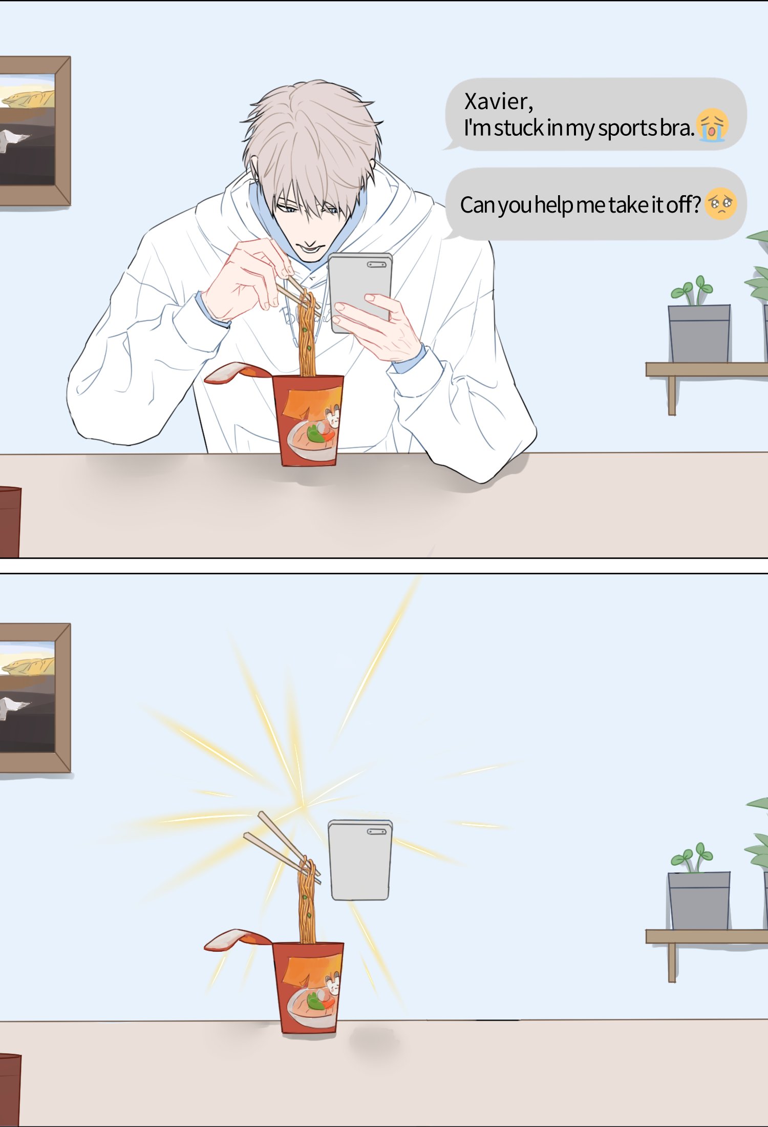 protagonist (love and deepspace), xavier (love and deepspace), love and deepspace, highres, 1boy, chopsticks, crying emoji, cup ramen, dialogue box, disappear, eating, emoji, english text, grey hair, hair between eyes, holding, holding chopsticks, holding phone, hood, hood down, hoodie, male focus, momong0001, open mouth, phone, picture frame, plant, potted plant, short hair, sports bra, text messaging, upper body, white hoodie