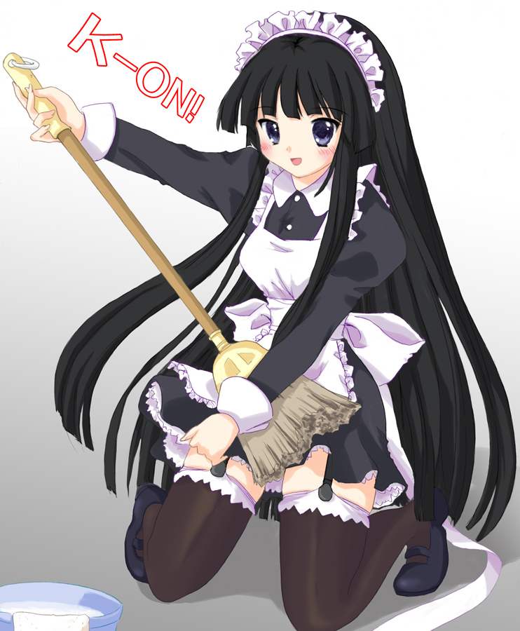 kitagawa mikio, akiyama mio, k-on!, 00s, 1girl, alternate costume, black eyes, black hair, blush, broom, enmaided, female focus, garter belt, gradient background, long hair, maid, maid headdress, mary janes, shoes, solo, thighhighs