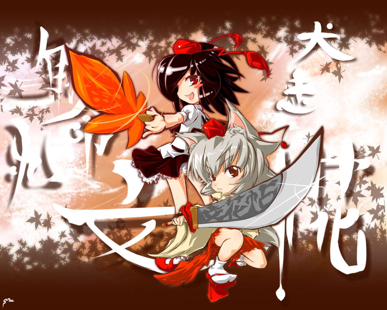 moritomoetomomi, inubashiri momiji, shameimaru aya, touhou, silver hair, bad id, bad pixiv id, 2girls, animal ears, black hair, character name, female focus, geta, hand fan, hat, multiple girls, red eyes, short hair, smile, sword, tail, tengu-geta, tokin hat, weapon, wings, wolf ears, wolf tail