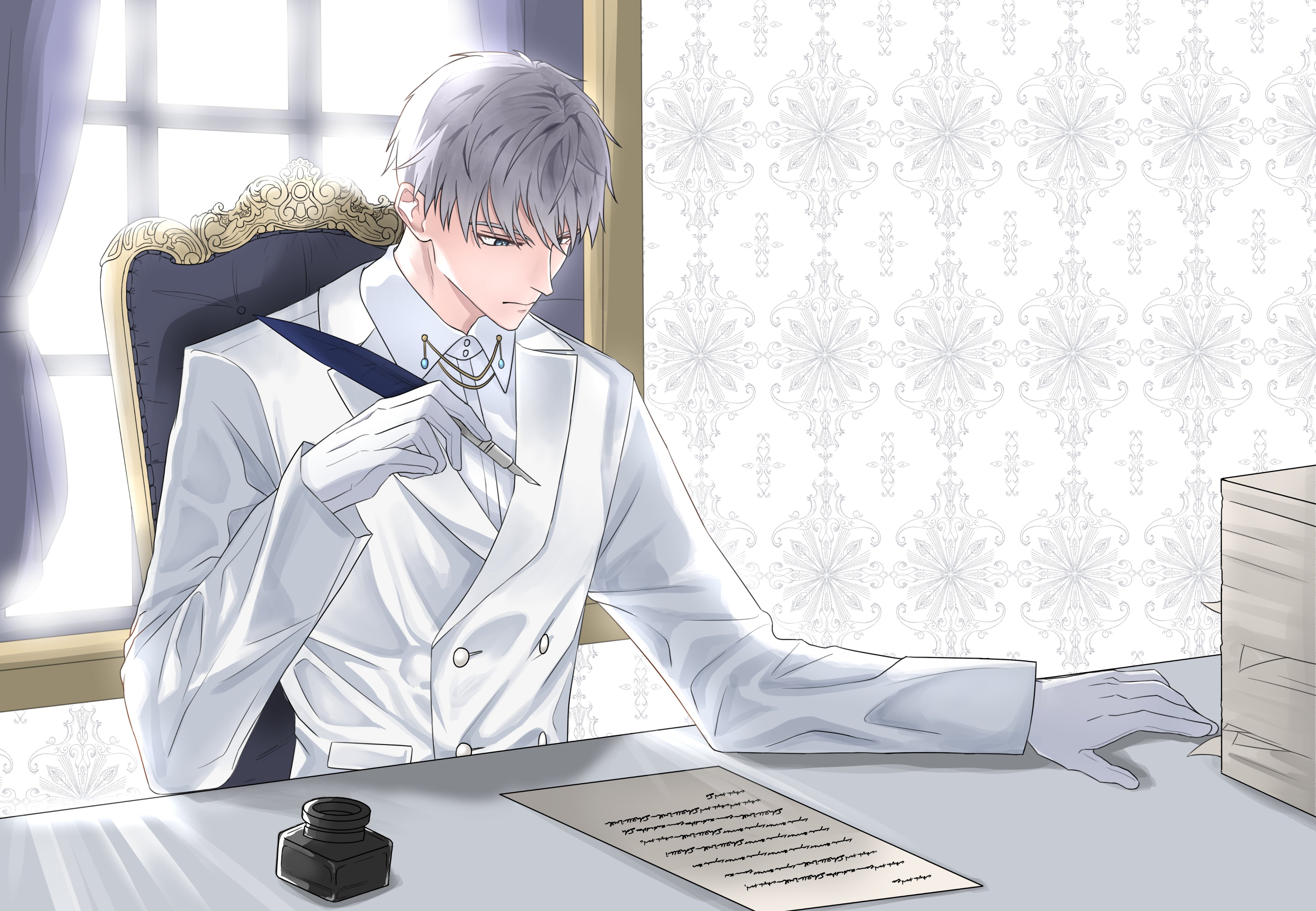xavier (love and deepspace), love and deepspace, absurdres, highres, 1boy, chair, collared shirt, curtains, gloves, grey hair, hair between eyes, holding, holding quill, indoors, inkwell, jacket, male focus, momong0001, paper stack, quill, shirt, short hair, sitting, solo, suit jacket, white gloves, white jacket, white shirt, window