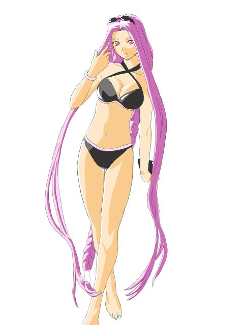 barubaru, medusa (fate), medusa (rider) (fate), fate/stay night, fate (series), bad id, bad pixiv id, check pixiv source, 00s, 1girl, barefoot, bikini, black bikini, book, braid, breasts, cleavage, female focus, large breasts, long hair, official alternate costume, purple eyes, purple hair, solo, square pupils, sunglasses, swimsuit, very long hair