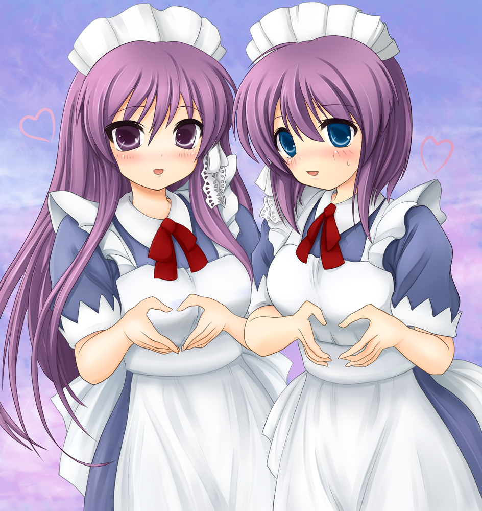 mizukami ryouma, xjr1250, fujibayashi kyou, fujibayashi ryou, clannad, bad id, bad pixiv id, 00s, 2girls, blue eyes, heart, heart hands, long hair, maid, moe moe kyun!, multiple girls, purple eyes, purple hair, short hair, siblings, sisters, twins