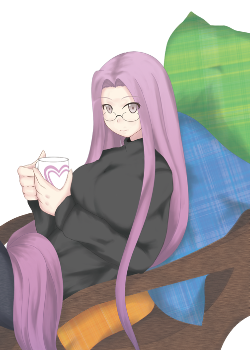 null5, nurumoji, medusa (fate), medusa (rider) (fate), fate/stay night, fate (series), bad id, bad pixiv id, 00s, 1girl, breasts, casual, chair, cup, denim, female focus, glasses, jeans, large breasts, long hair, pants, pillow, purple eyes, purple hair, solo, square pupils, very long hair