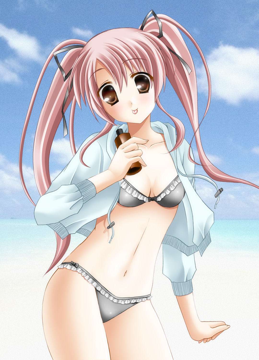 kirihara natsuki, bad id, bad pixiv id, highres, 1girl, bikini, bottle, brown eyes, day, female focus, jacket, long hair, lotion, pink hair, solo, sunscreen, swimsuit, tongue, twintails