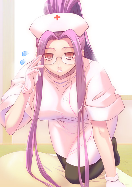 siseru samurai, medusa (fate), medusa (rider) (fate), fate/stay night, fate (series), uniform, 00s, 1girl, black pantyhose, breasts, covered erect nipples, female focus, glasses, gloves, hat, large breasts, long hair, nurse, nurse cap, pantyhose, purple eyes, purple hair, solo, square pupils, sweat, very long hair