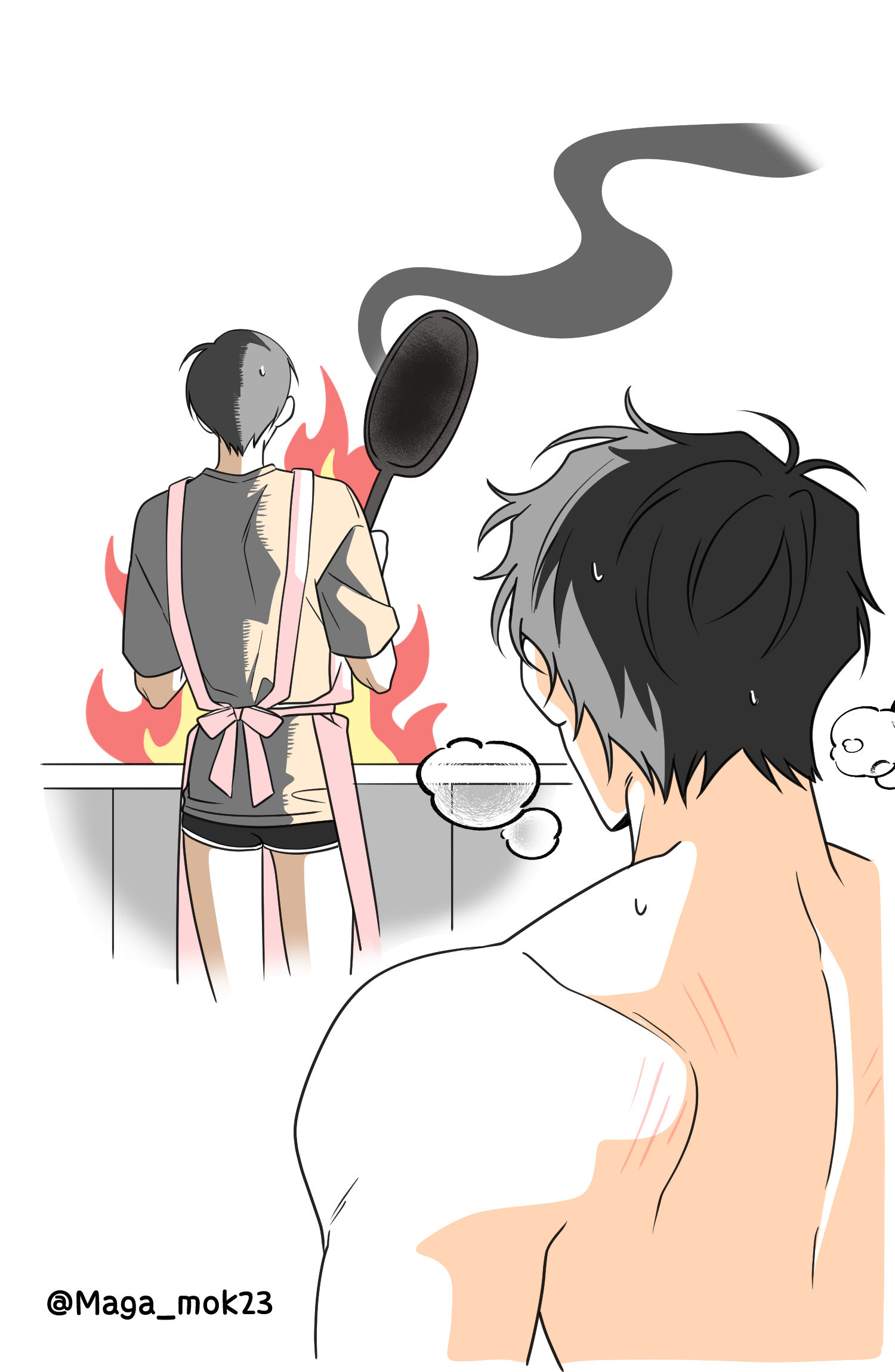 maga mok23, kim dokja, yoo joonghyuk, omniscient reader's viewpoint, commentary request, highres, korean commentary, 2boys, apron, black hair, black shorts, breath, fire, from behind, frying pan, holding, holding frying pan, multiple boys, muscular, muscular male, no shirt, oversized clothes, oversized shirt, pink apron, shirt, short hair, shorts, smoke, sweatdrop, upper body, yaoi