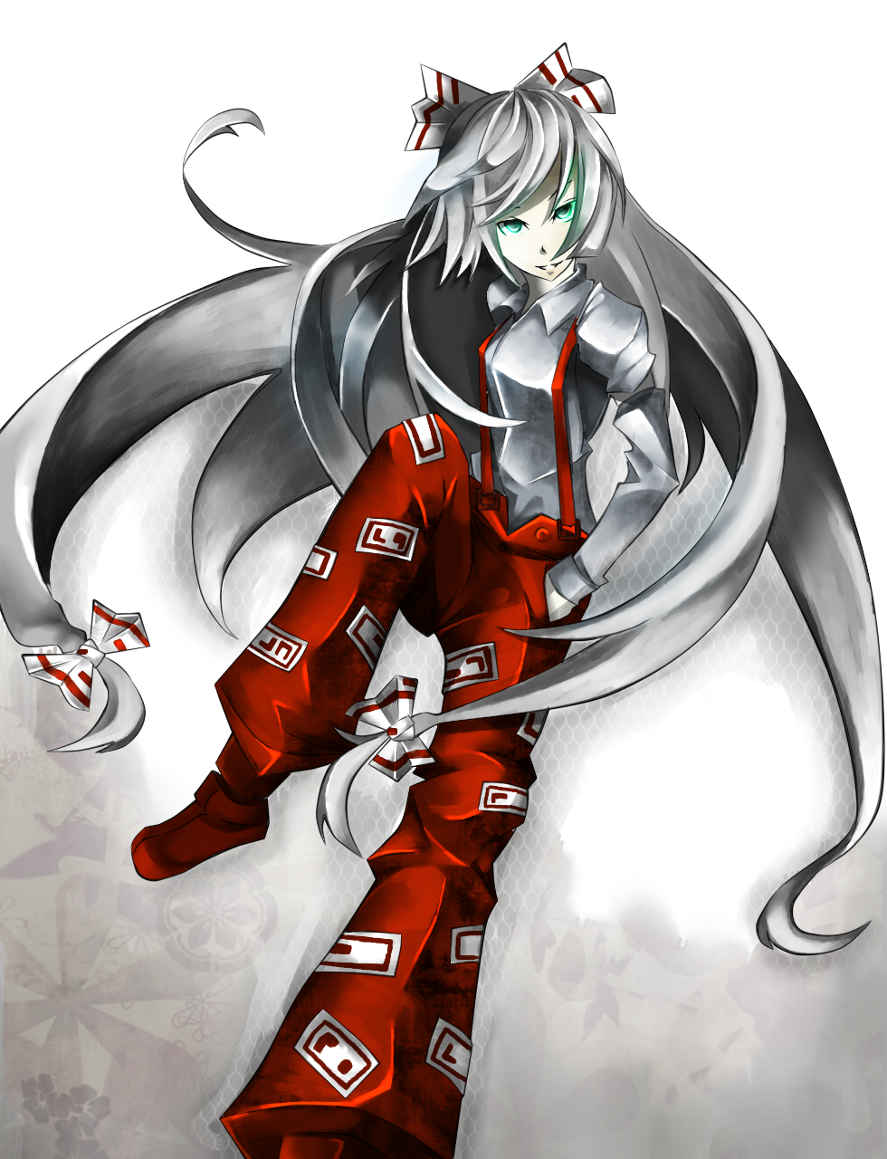 kuroharu, kuroharu (yuto), fujiwara no mokou, touhou, silver hair, highres, 1girl, bow, female focus, glowing, glowing eyes, green eyes, hair bow, hair ribbon, long hair, multiple hair bows, ribbon, solo