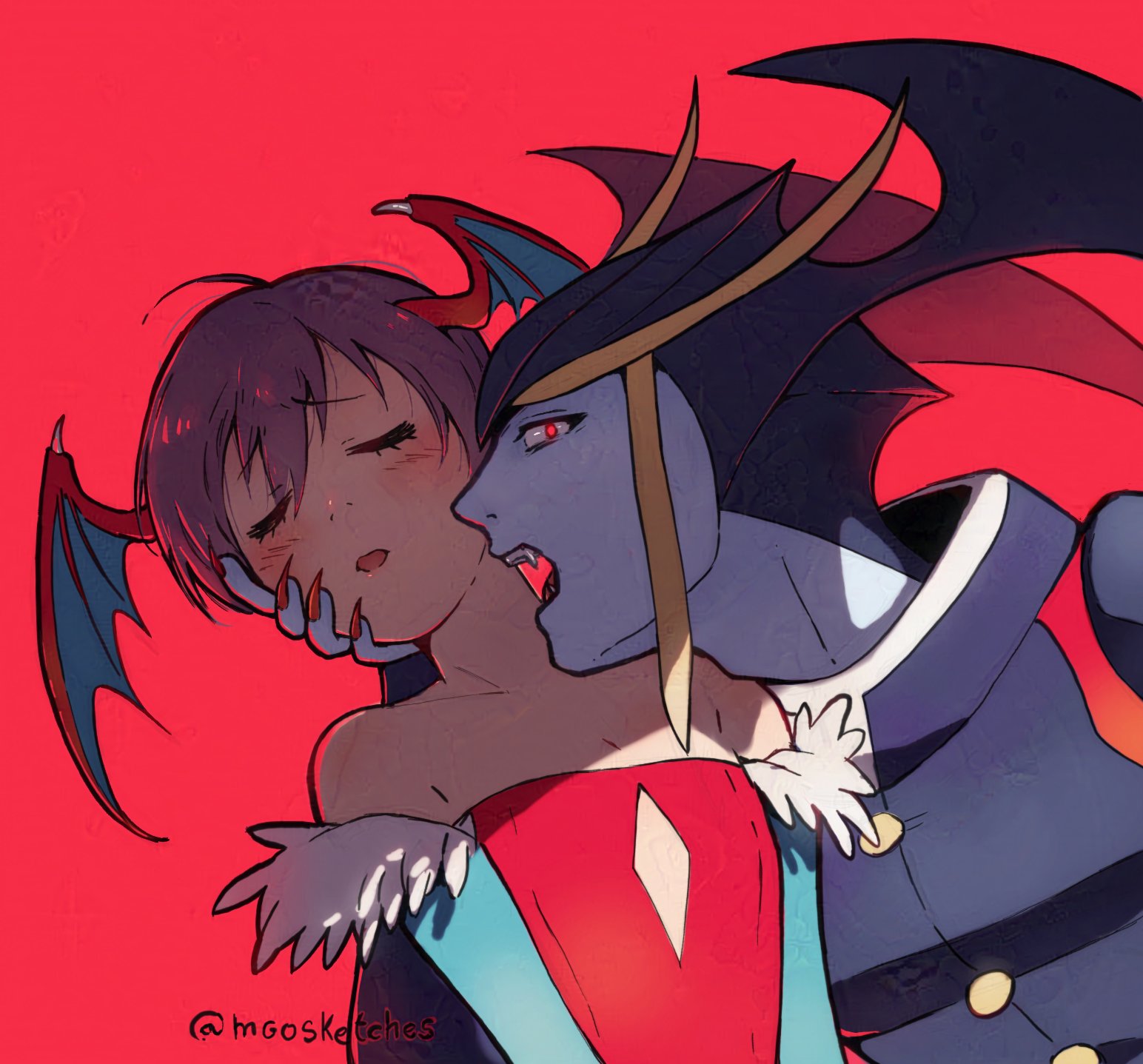 mango (mgosketches), jedah dohma, lilith (darkstalkers), darkstalkers, adversarial noise, commentary, english commentary, highres, 1boy, 1girl, :o, bare shoulders, bat wings, clothing cutout, colored skin, diamond cutout, fangs, flat chest, glowing, glowing eyes, head wings, imminent bite, leotard, looking at viewer, open mouth, purple hair, red background, red eyes, red leotard, red nails, short hair, simple background, strapless, strapless leotard, twitter username, wings