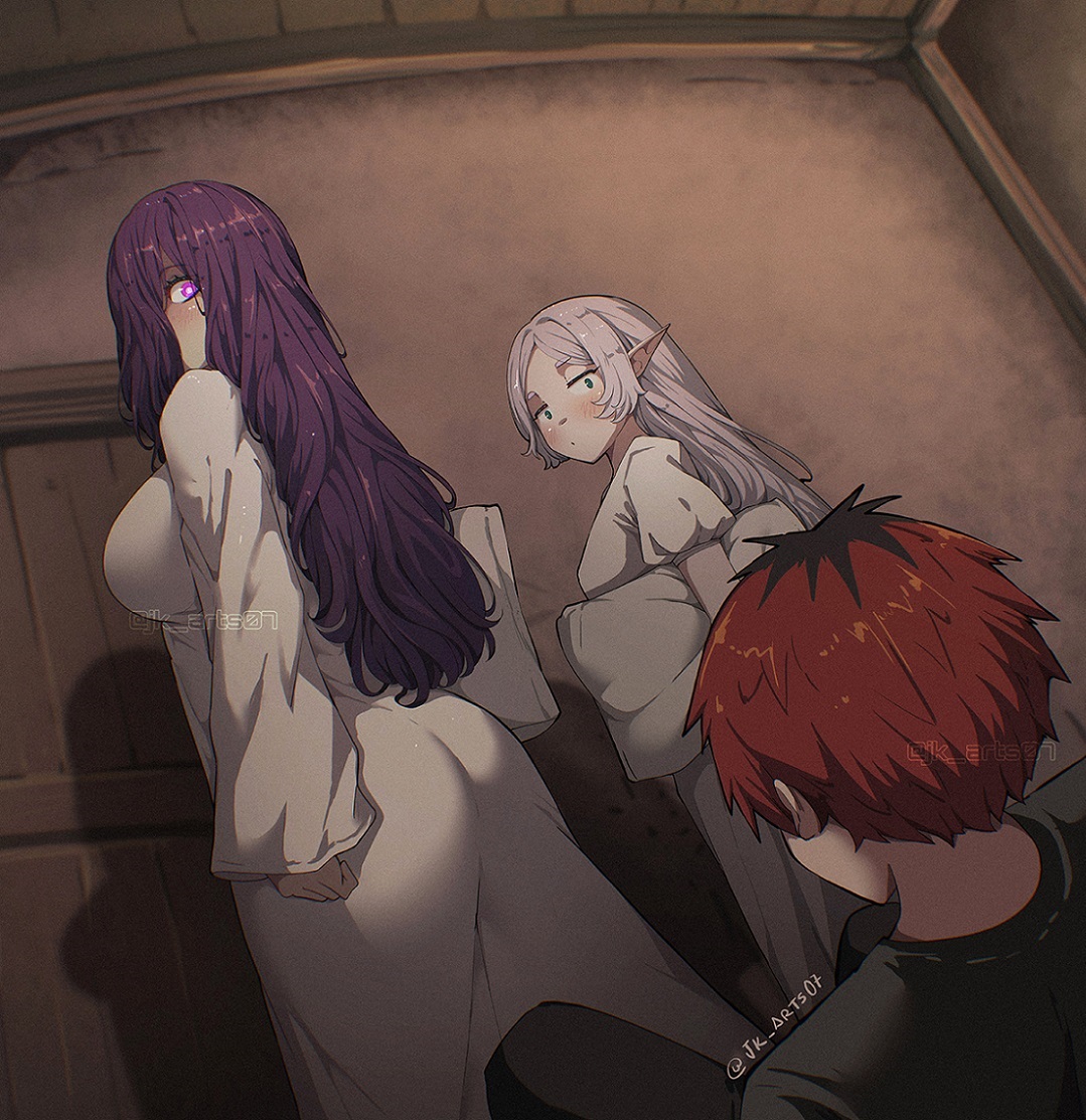 jk arts, fern (sousou no frieren), frieren, stark (sousou no frieren), sousou no frieren, 1boy, 2girls, ass, black pants, black shirt, breasts, door, elf, green eyes, grey hair, hair over one eye, indoors, large breasts, long hair, medium breasts, multiple girls, nightgown, pants, pillow, pointy ears, purple eyes, purple hair, red hair, shirt, short hair, white nightgown