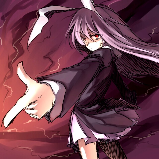 onimaru, onimaru gonpei, reisen udongein inaba, touhou, 1girl, animal ears, blazer, female focus, finger gun, foreshortening, jacket, purple hair, rabbit ears, red eyes, sketch, solo, standing